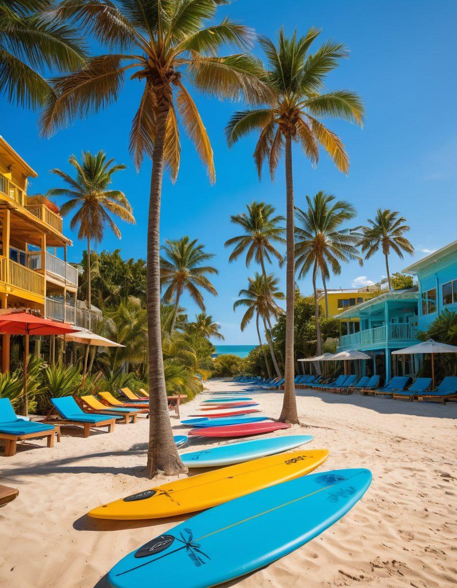A vibrant beach scene showcasing stylish yet functional beach properties with spacious patios, surfboards leaning against the walls, and active individuals engaging in beach sports. Include palm trees swaying gently in the background, sun-kissed sand, and a clear blue sky to capture the essence of an active beach lifestyle. Emphasize a warm, inviting atmosphere highlighting both fashion and function in beach living. super-realistic. vibrant colors. broad perspective.