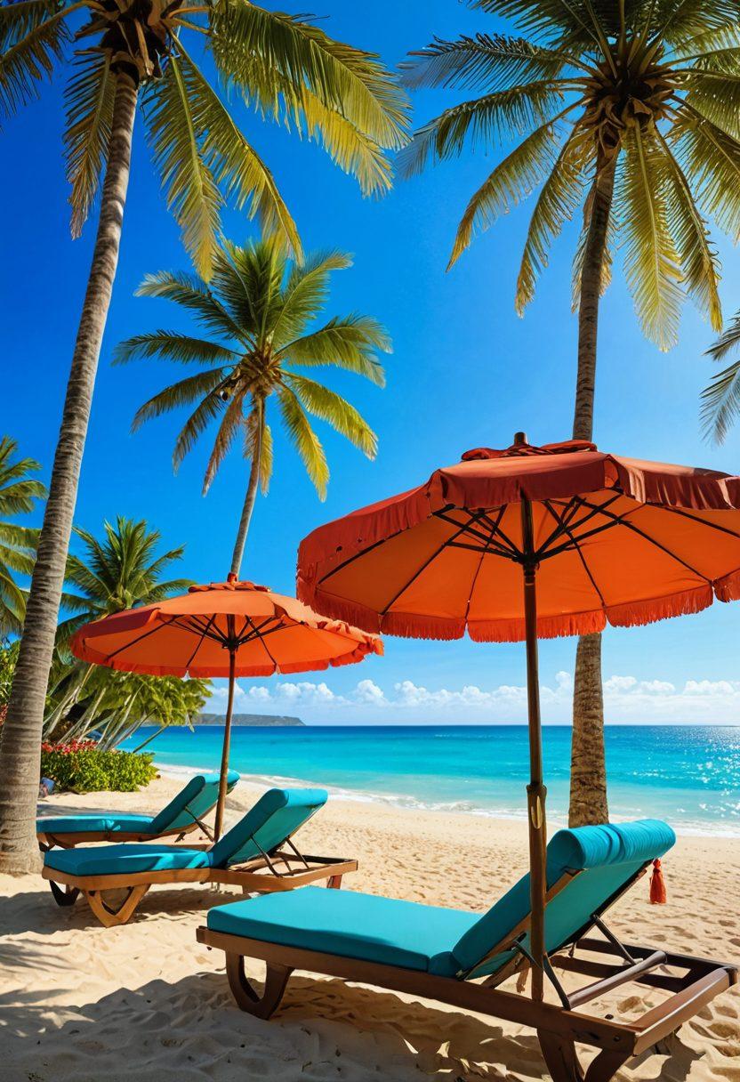 A sun-kissed beach scene featuring several elegant beach umbrellas and lounge chairs, showcasing various luxurious bikini styles draped on the chairs. Incorporate vibrant tropical flowers and palm trees in the background, with a sparkling turquoise ocean gently lapping at the shore. The scene should evoke a feeling of relaxation and opulence, perfect for a vacation retreat. vibrant colors. super-realistic.